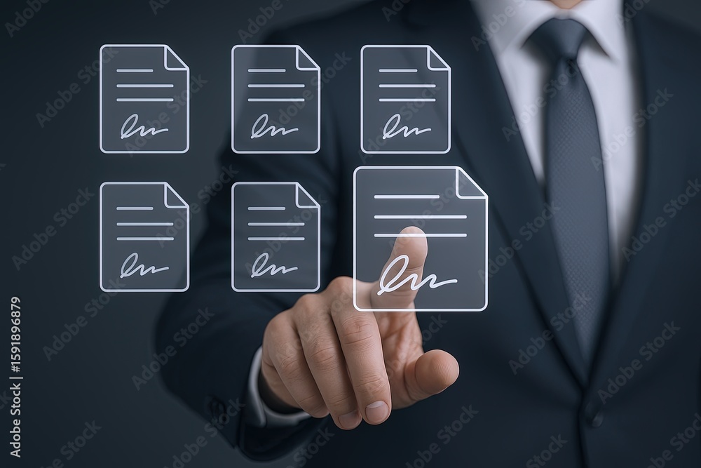 Poster business professional using touchscreen interface with digital document icons and modern technology.