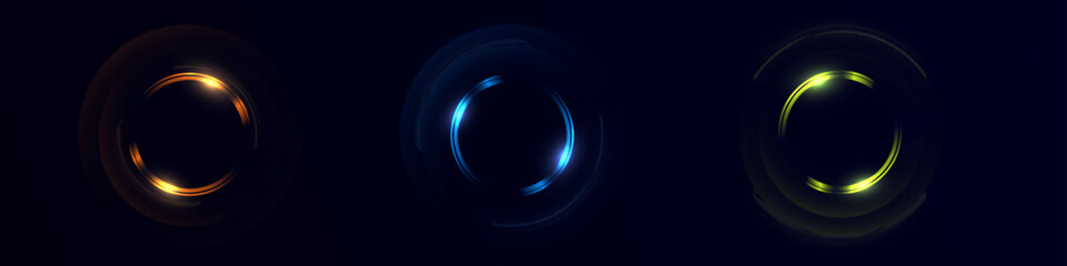 Set of glowing HUD rings in blue, orange and green on dark background. Futuristic light shapes for tech interfaces, UI design and sci-fi visuals.