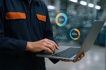 Business professional working on modern laptop with digital analytics graphics overlay.