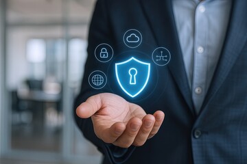 Businessman holding digital security shield with lock and cloud icons in office scene.