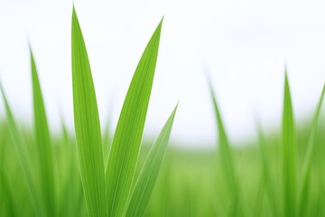 Fototapeta premium Close-up of vibrant green grass blades outdoors with clear bright sky background.