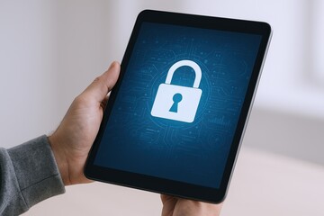 Modern digital security concept with tablet displaying secure lock icon and digital background.