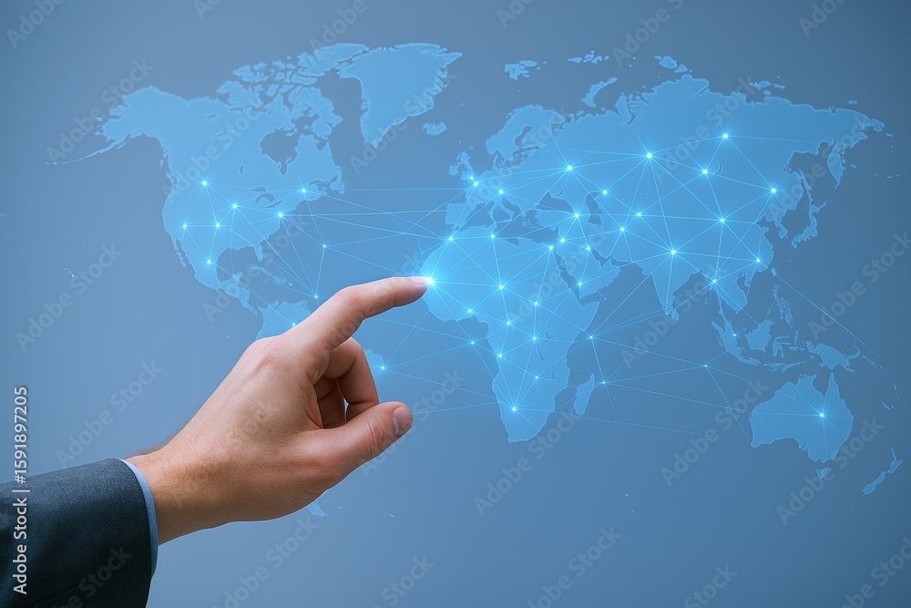 Poster digital world map connection network touch screen technology concept illustration.