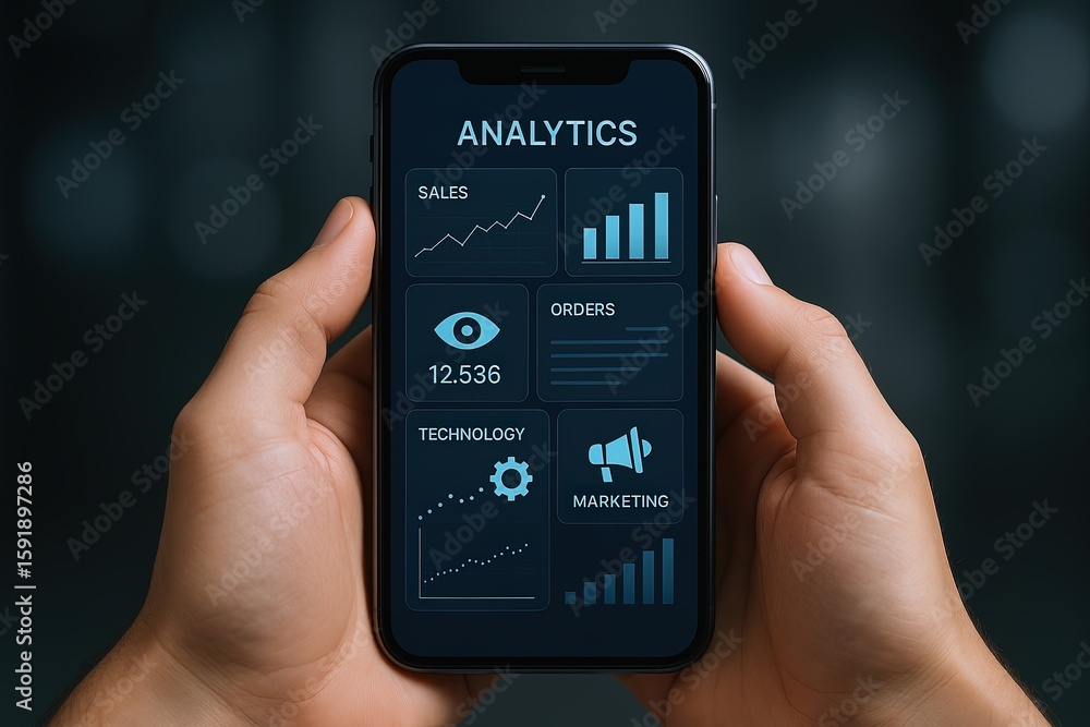 Poster modern business analytics mobile app interface showing sales data and marketing insights.