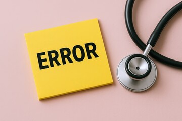 Close-up of yellow error message note with stethoscope on pink background for medical mistake or error concept.