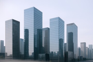 Fototapeta premium Modern glass skyscrapers towering in a vibrant urban skyline on a clear day.