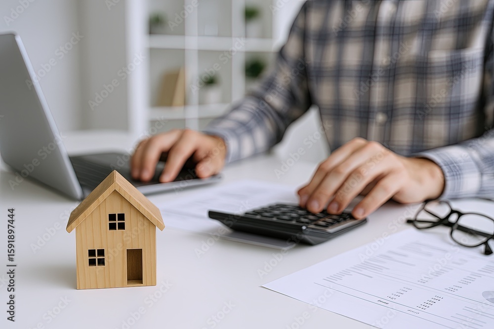 Poster person calculating house expenses using calculator at desk with house model and documents.