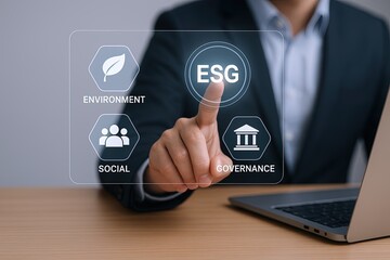Business professional interface with environmental social governance icons digital touch.