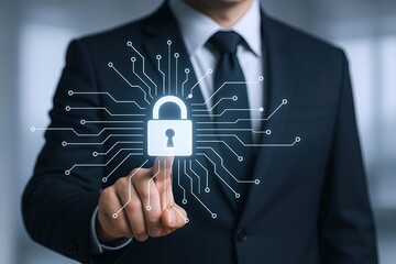 Businessman in formal suit touching digital lock security icon on futuristic interface.
