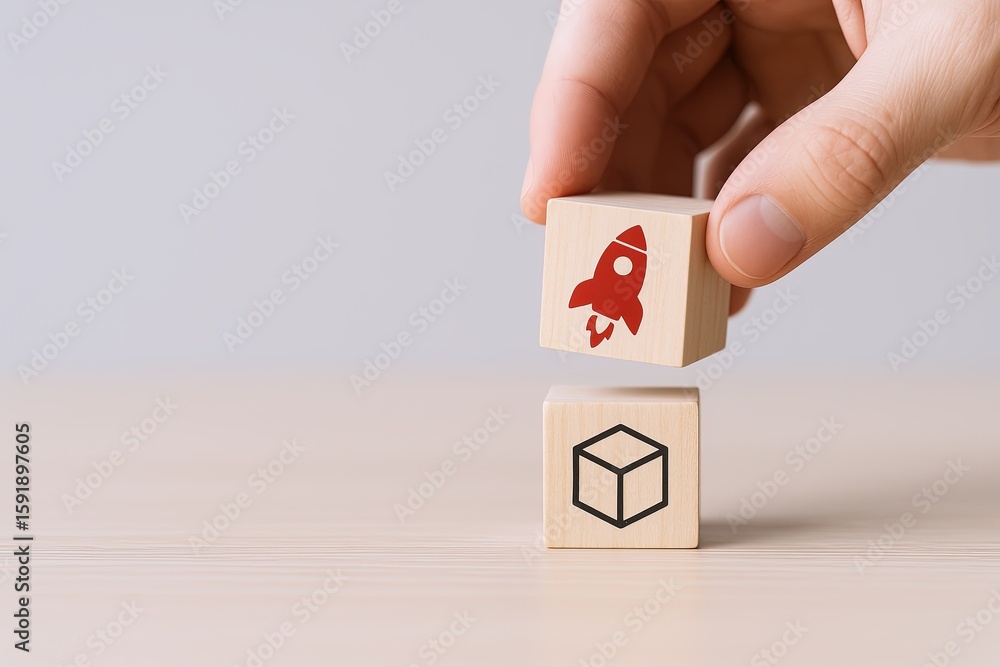 Poster hand stacking two wooden blocks with rocket and cube illustrations on a plain background.