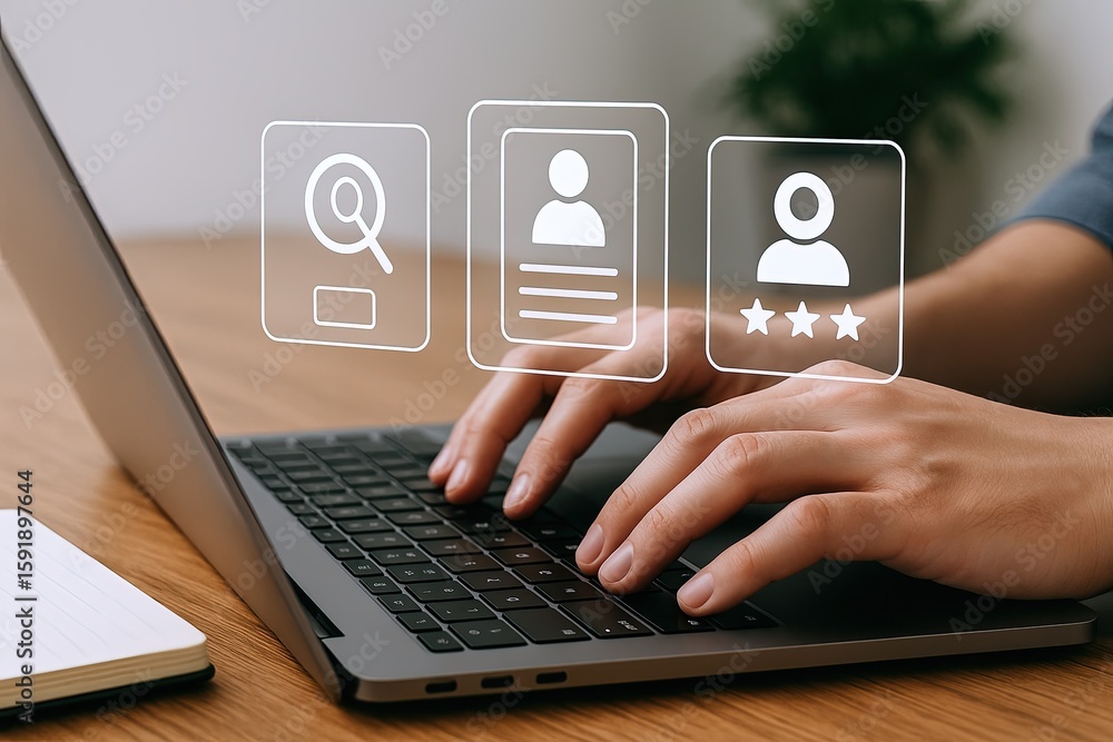 Poster hands typing on laptop keyboard with digital icons representing search profile and reviews.