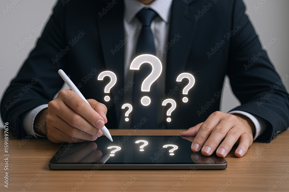Poster business person in formal suit using digital tablet with glowing question marks on screen.