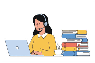 Woman wearing headset working on laptop with stack of books and coffee