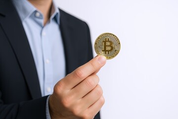 Businessman holding a Bitcoin coin in hand symbolizing digital currency investment.