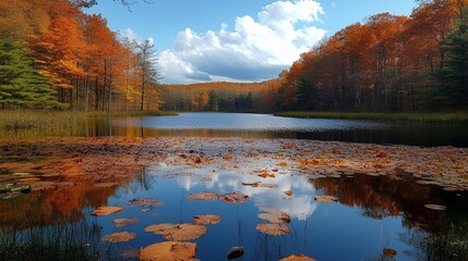 Obraz premium Autumnal lake reflecting fall foliage