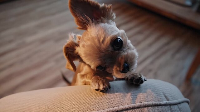 A tiny toy terrier with expressive eyes and adorable paws rests longingly on a chair gazing directly at the camera in a cozy indoor setting portraying the heartfelt bond between pets and humans