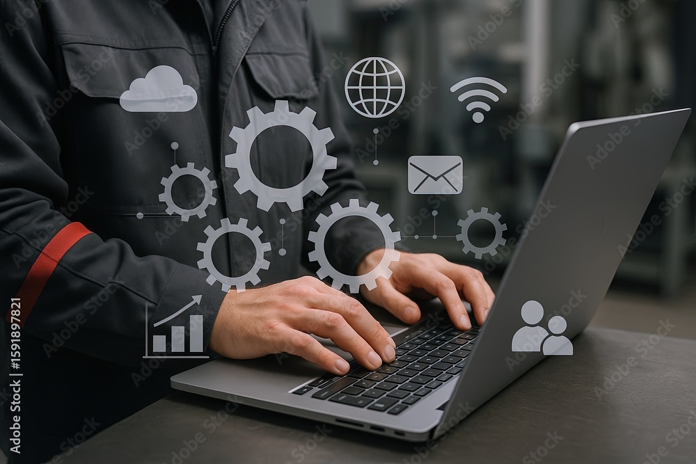Poster hands typing on laptop with digital icons representing technology and connectivity.