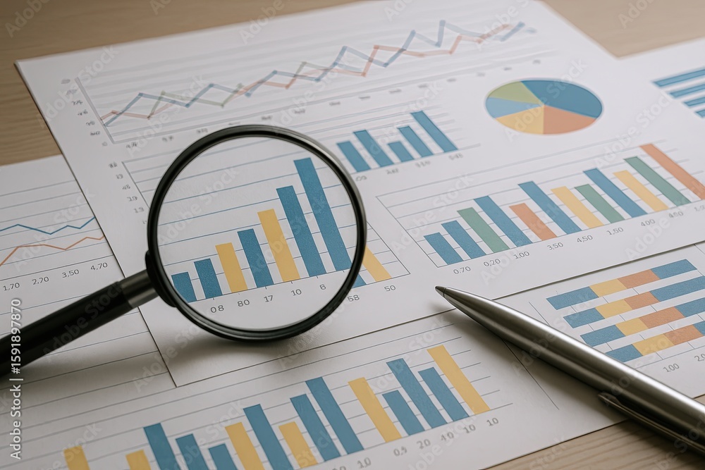 Poster business analysis charts with magnifying glass and pen showing data trends and graphs.