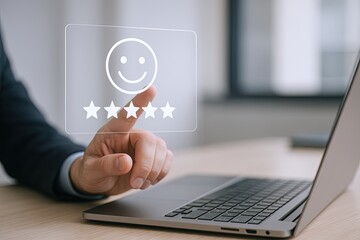 Business Person Giving Digital Customer Satisfaction Feedback and Rating on Laptop Screen.