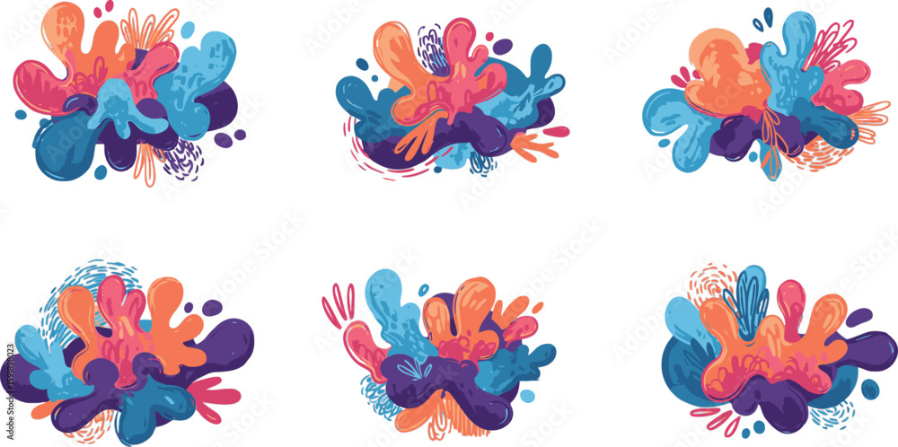 Poster vector art of a vibrant collection of six colorful abstract splash designs isolated on transparent b