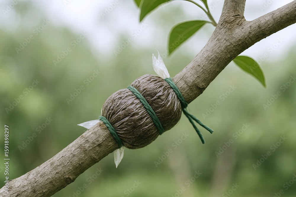 Poster close-up of a small wrapped bundle tied to tree branch with green string in natural outdoor setting.