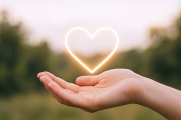 Obraz premium Hand Holding Outstretched Palm with Glowing Heart Shape Floating Above in Natural Setting.