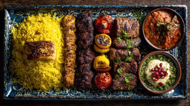 Tray of Middle Eastern mixed grilled meats spiced with cumin, cloves, and cardamom