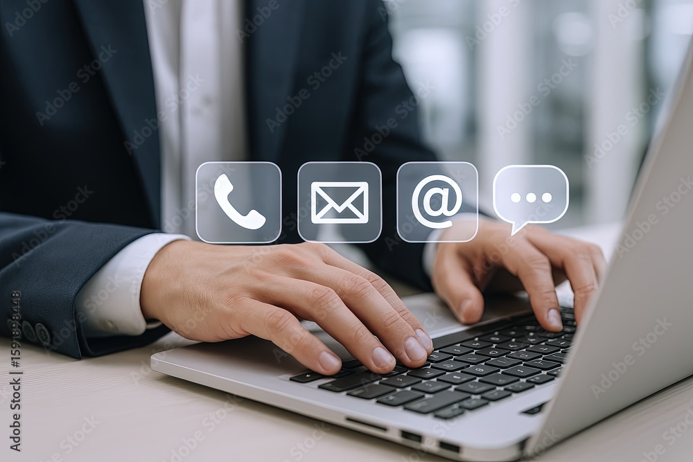 Poster close up of person using laptop with digital communication icons overlay showing call email and chat