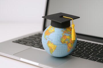 Globe with graduation cap placed on laptop keyboard symbolizing online education and global learning.