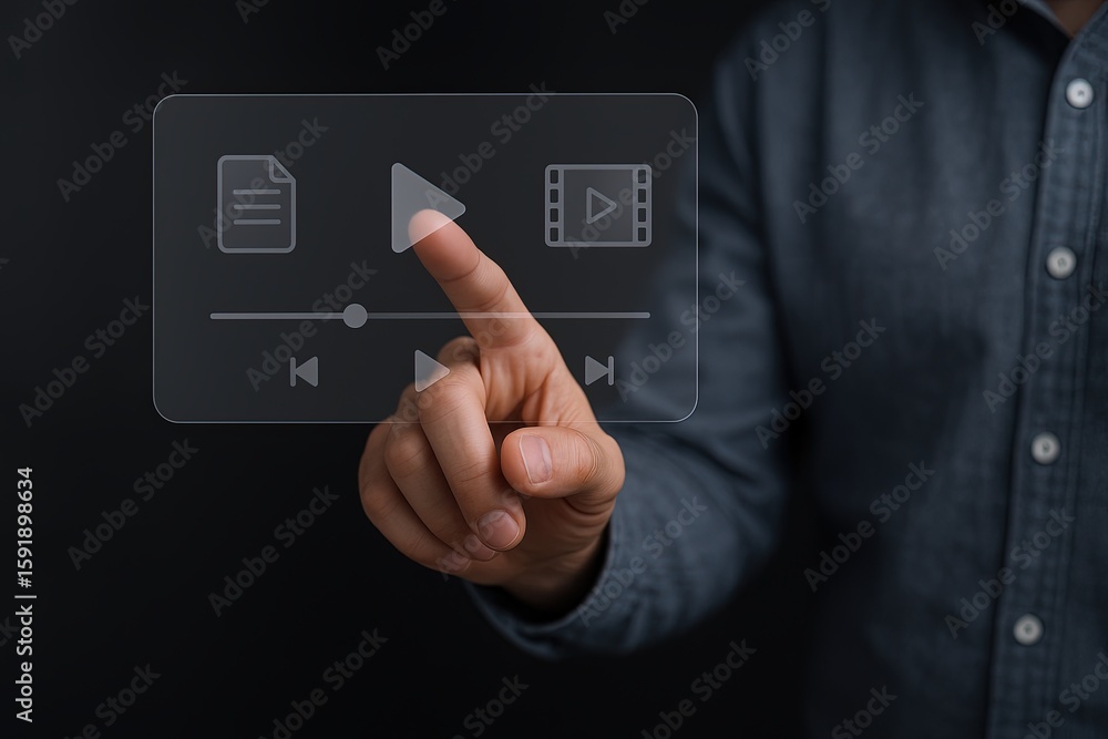 Poster business professional using touchscreen interface for media control and presentation.