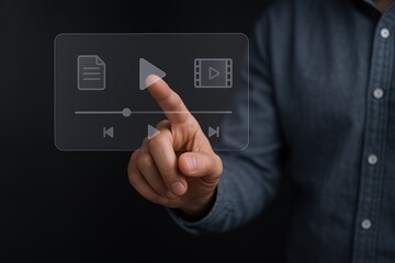 Business Professional Using Touchscreen Interface for Media Control and Presentation.