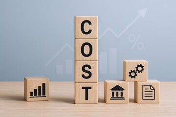 Business cost analysis with wooden blocks showing rising graph and financial icons.