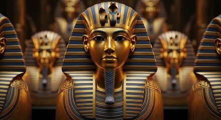 Obraz premium Golden pharaoh sarcophagi bust with blue stripes radiates wealth in artistic, detailed portrayal.