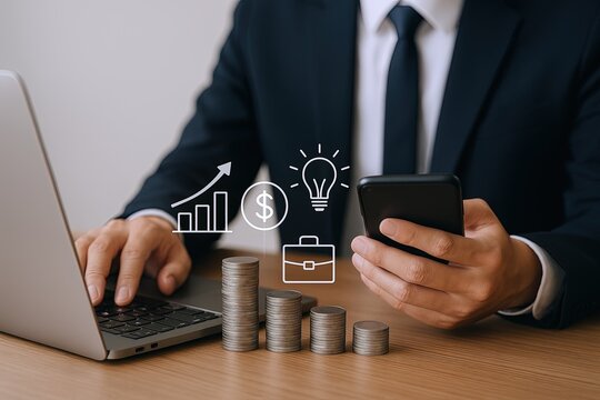 Businessman using smartphone with financial growth and success icons on digital background.