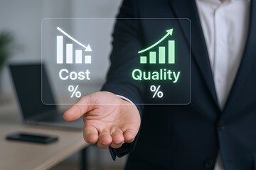 Businessman Holding Transparent Digital Interface Showing Cost Quality Percentages Over Desk.