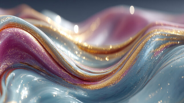 Visually captivating abstract metallic fluid texture with liquid chrome swirls, elegant curves, and surreal iridescent reflections. Perfect for backgrounds, banners, and creative design projects. - Powered by Adobe