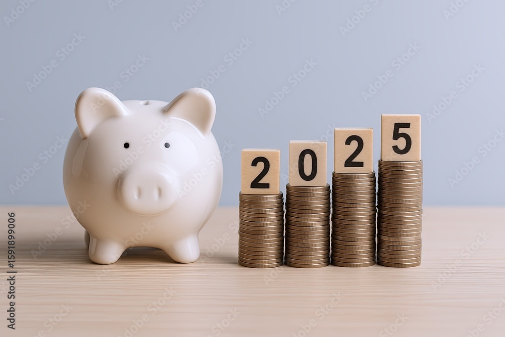 Poster white piggy bank and stacked coins increasing in height with wooden blocks displaying 2025 year.