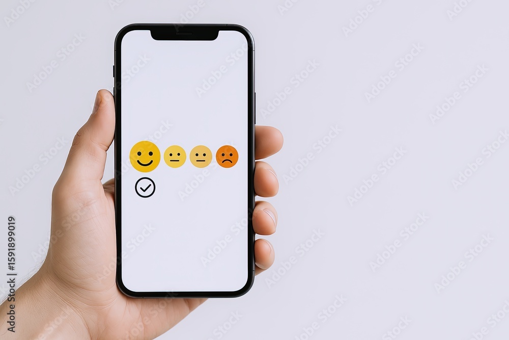 Poster hand holding smartphone displaying smiley face emotion icons in a minimalistic setting.