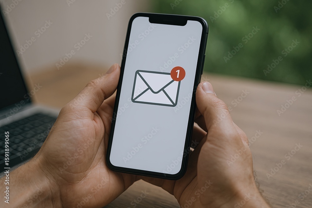 Poster close-up of a person holding a smartphone displaying an unread email notification on a clear screen.