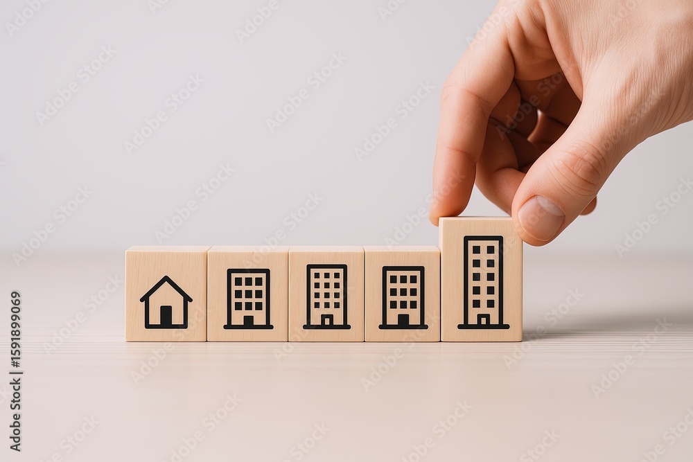 Poster hand stacking wooden blocks with building icons representing growth and construction.
