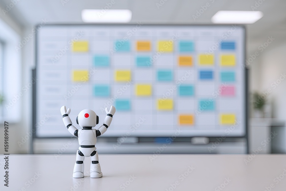 Poster small robot figure with raised arms in front of digital whiteboard with colorful sticky notes.