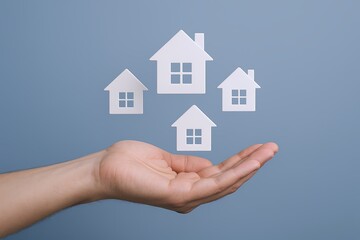 Hand Holding Paper Cutout Houses with Window and Roof Details on Gray Background.