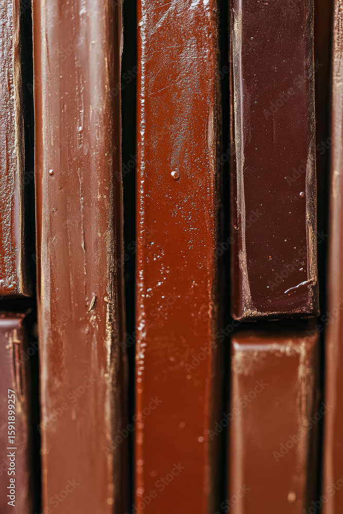 Poster close up of a brown wooden surface with chocolate bars on it. the bars are of different sizes and ar