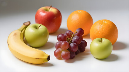 A bunch of grapes placed at the center, surrounded by two oranges, two green apples, one red apple, and a single banana, all neatly arranged against a clean white background for a fresh and balanced d