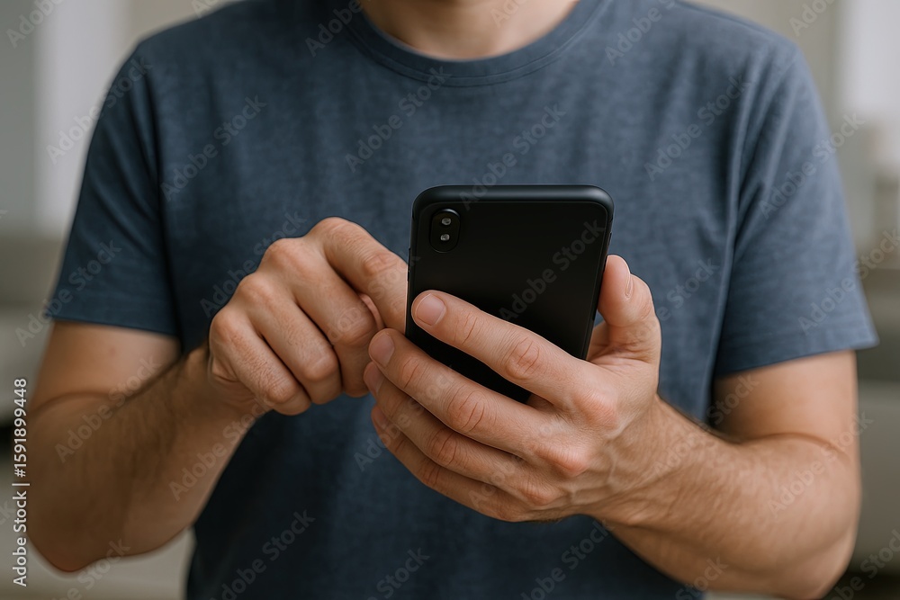 Poster close-up of man holding and using a smartphone with both hands indoors.