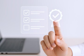 Close-up of a person?s hand touching a digital checkbox on virtual interface with checkmarks and certification badge.