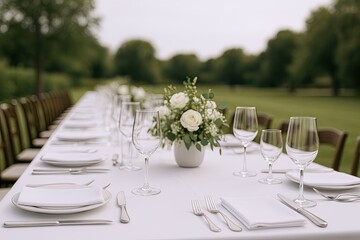 Elegant outdoor banquet table setting with floral centerpiece and glassware for event.