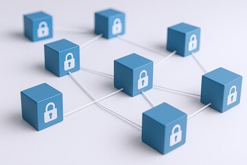 Obraz premium Digital Security Network Connecting Blocks with Padlock Icons for Data Protection.
