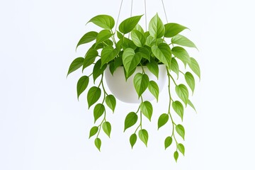 Bright green cascading hanging houseplant with lush foliage in a white pot on a clean light background.