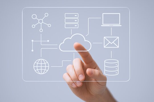 Modern technology concept with digital cloud computing and data management icons.